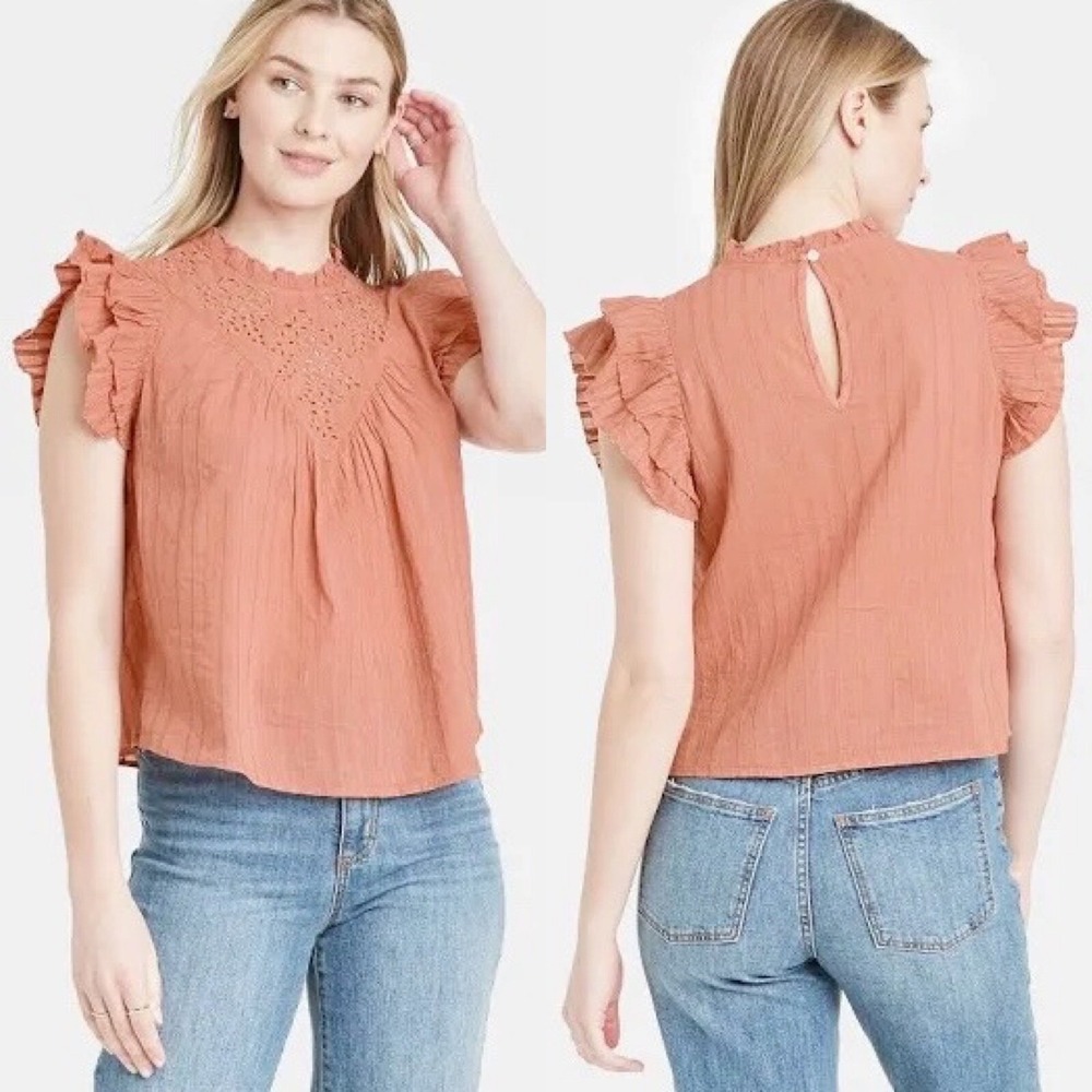 Universal Thread Top Eyelet Flutter Ruffle Sleeve Cotton Yoke Boho S Cottagecore